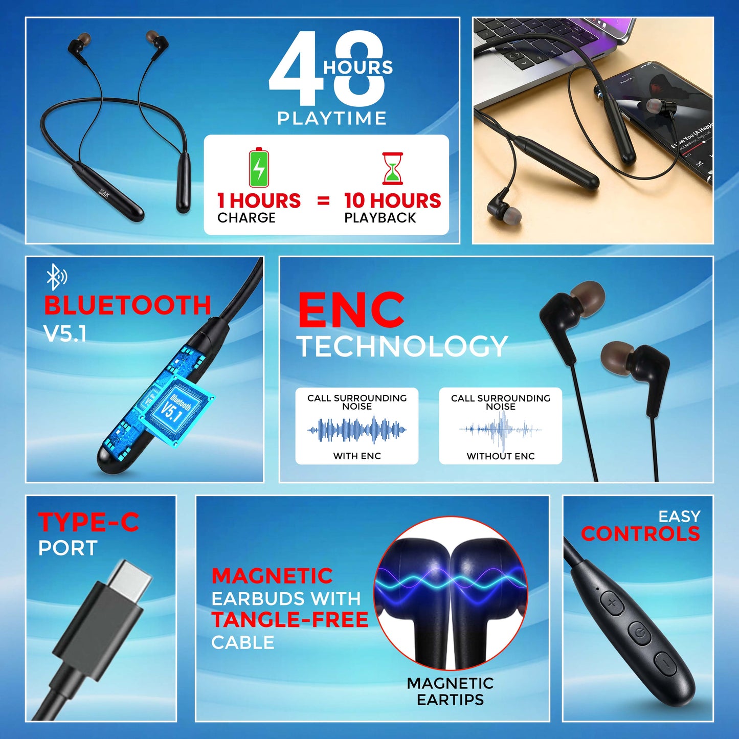 MK-708 48 Hours Playback Neckband with Clear HD Sound (Black)