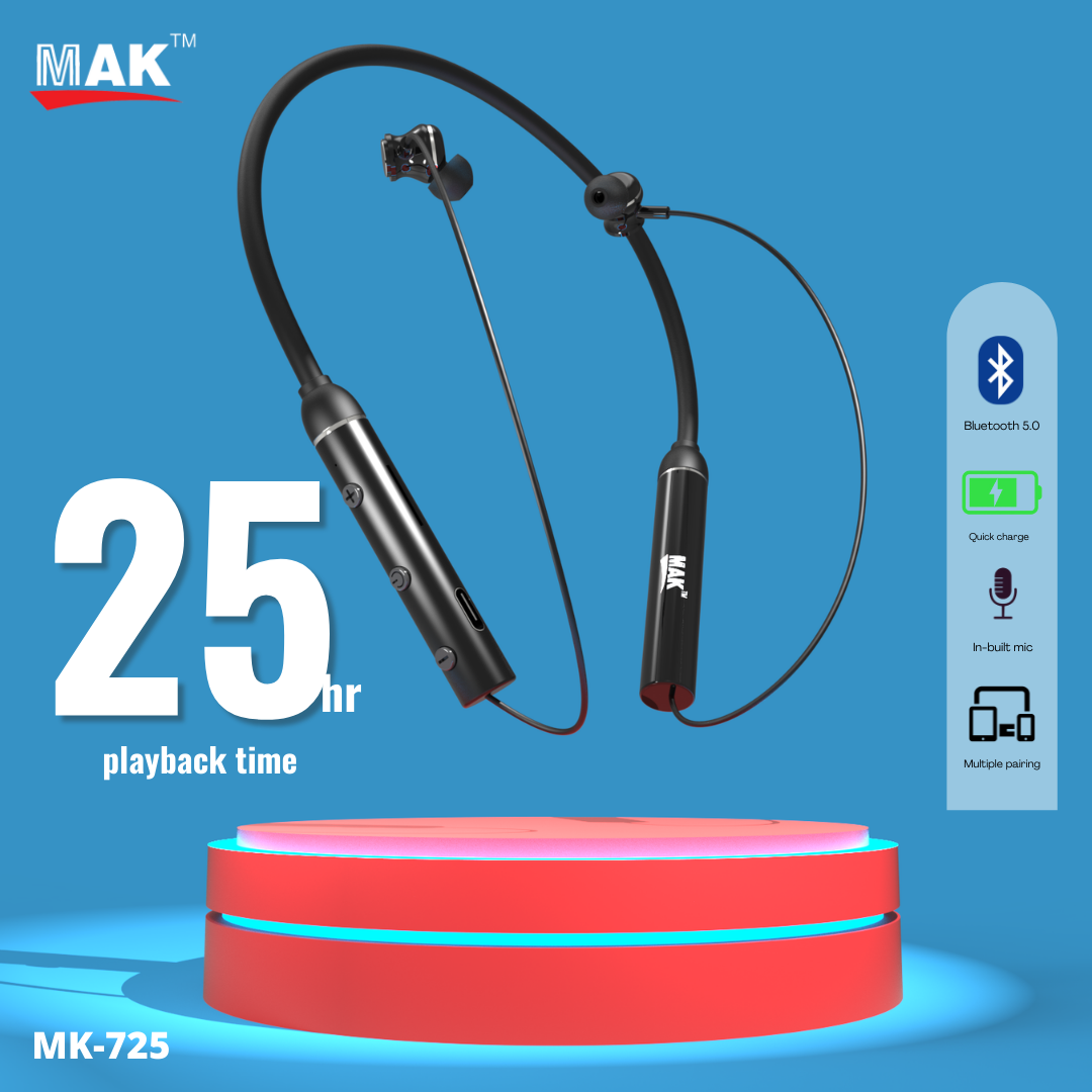 MK-725 in-Ear Bluetooth 5.0 Neckband with Up to 25 Hours Playtime, with Mic