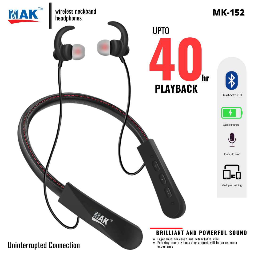 MK152 in-Ear Bluetooth 5.0 Neckband with Up to 40 Hours Playtime, with Mic