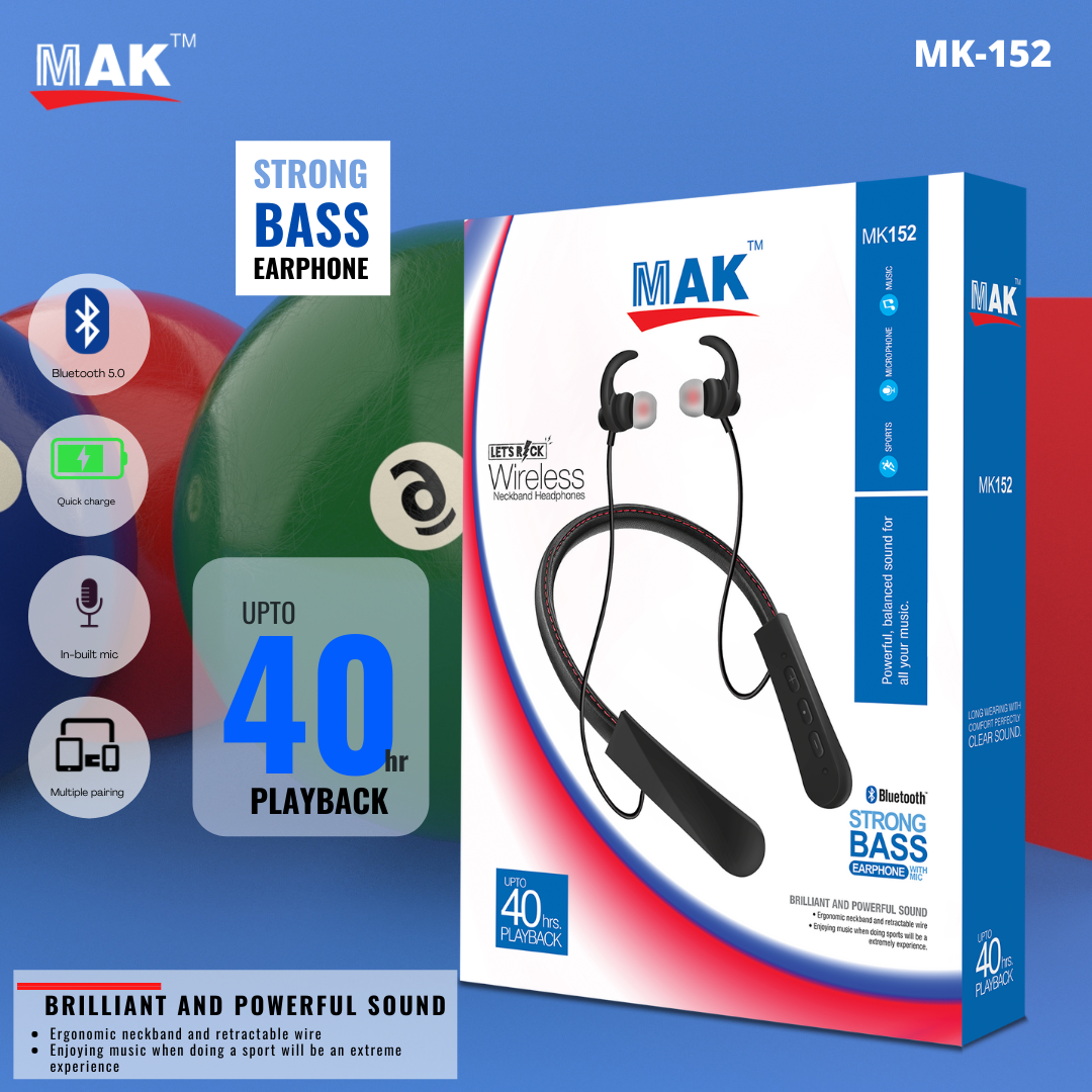 MK152 in-Ear Bluetooth 5.0 Neckband with Up to 40 Hours Playtime, with Mic