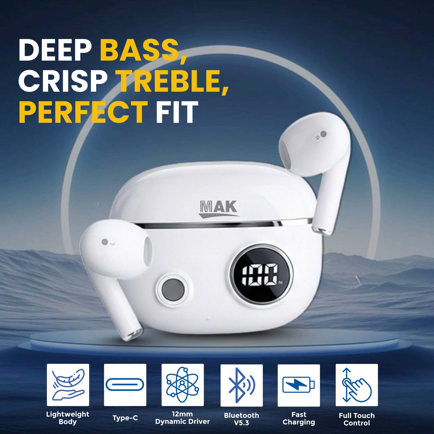 MK-910 TWS Earbuds with 50H Playtime, LED Battery Display & Fast Pairing