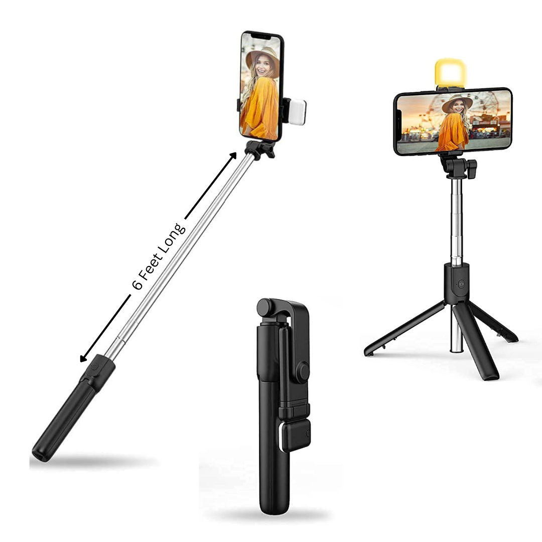 MK-R1S(L) Selfie Stick with Tripod Stand LED Light, in