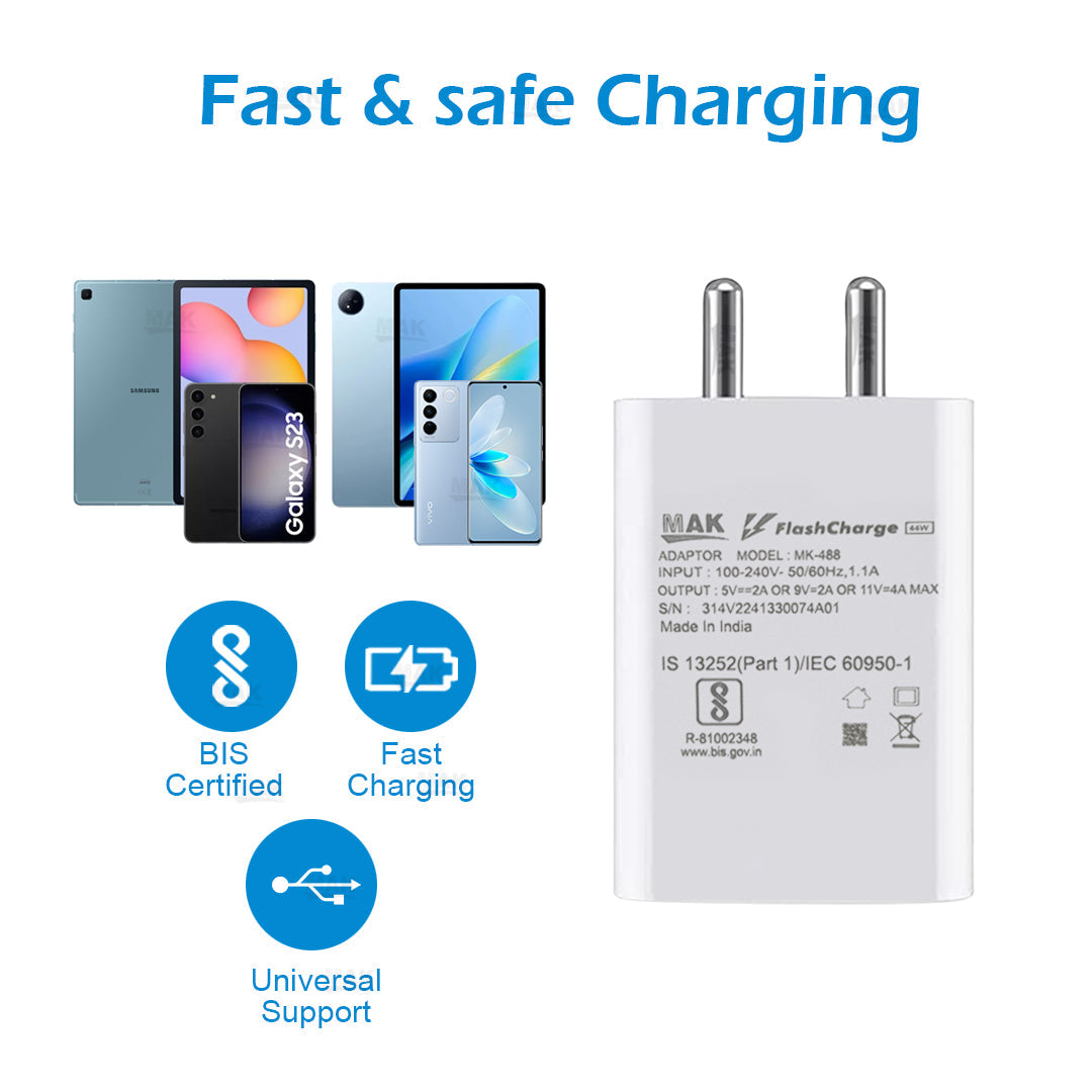 44W Flash Charger With Cable Adapter USB Fast Charging Compatible for Vivo Devices