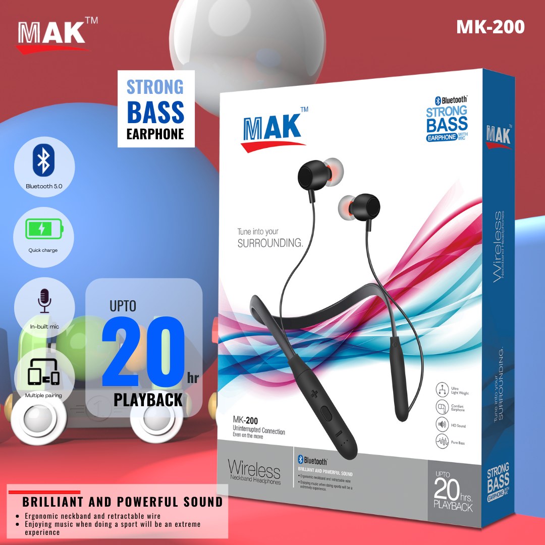 MK-200 Bluetooth v5.0 Wireless Neckband With 20 Hours of Play Time, With Mic (Black)