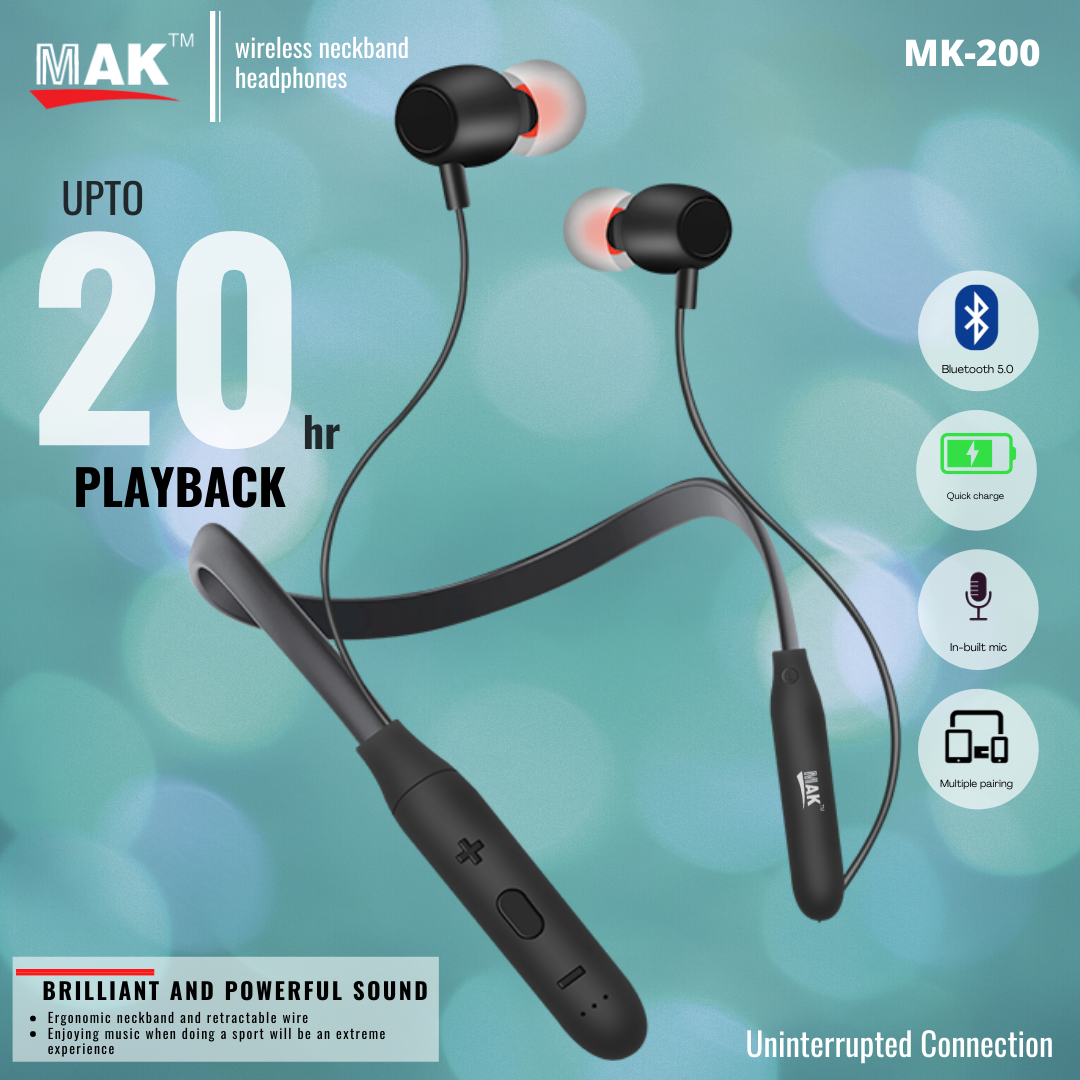 MK-200 Bluetooth v5.0 Wireless Neckband With 20 Hours of Play Time, With Mic (Black)