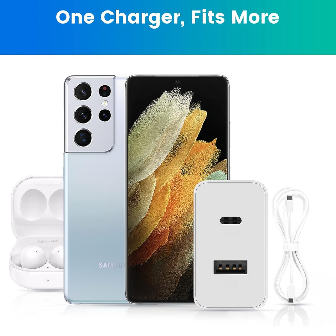 45W Dual Port Rapid Fast Type C/USB Adapter with Type C Cable, Fast Charger (White)