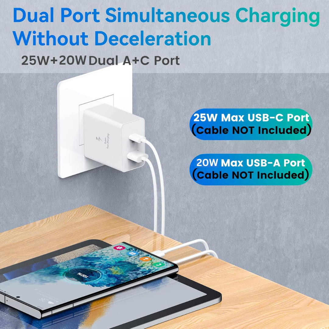 45W Dual Port Rapid Fast Type C/USB Adapter with Type C Cable, Fast Charger (White)