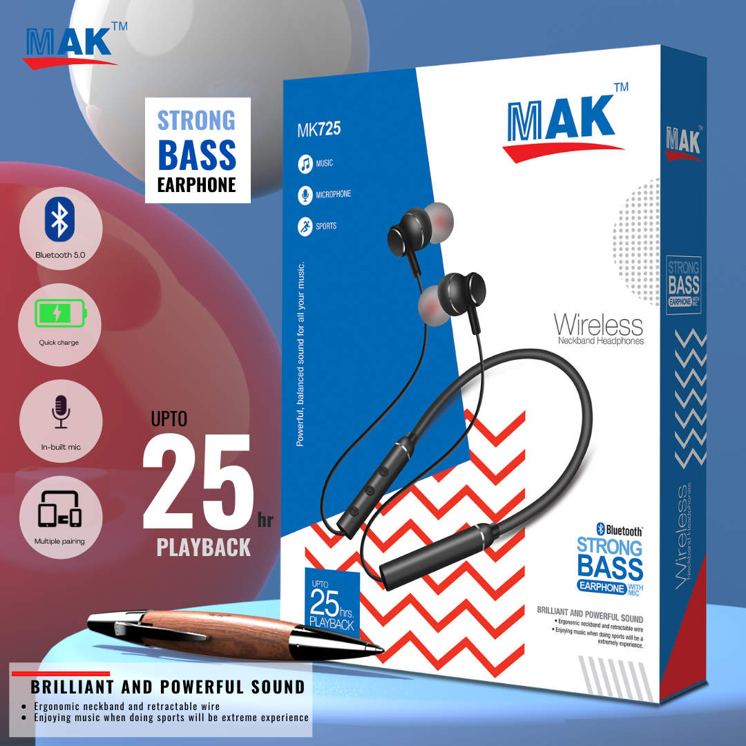 MK-725 in-Ear Bluetooth 5.0 Neckband with Up to 25 Hours Playtime, with Mic