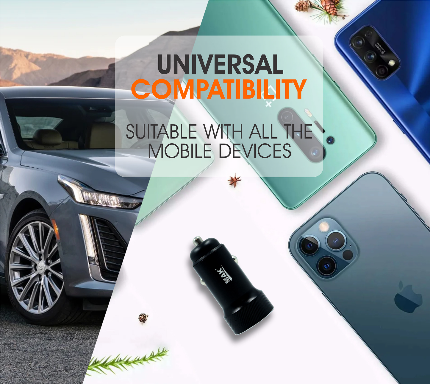 25W Dual Port Fast Car Charger Adapter with Lightning Cable