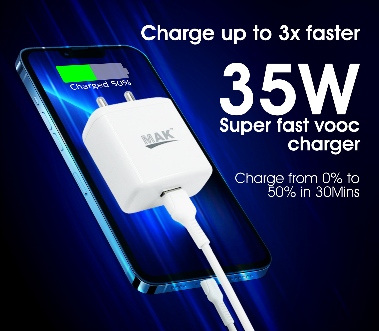 35W VOOC Charger with Fast Charging USB Type C Cable (White)