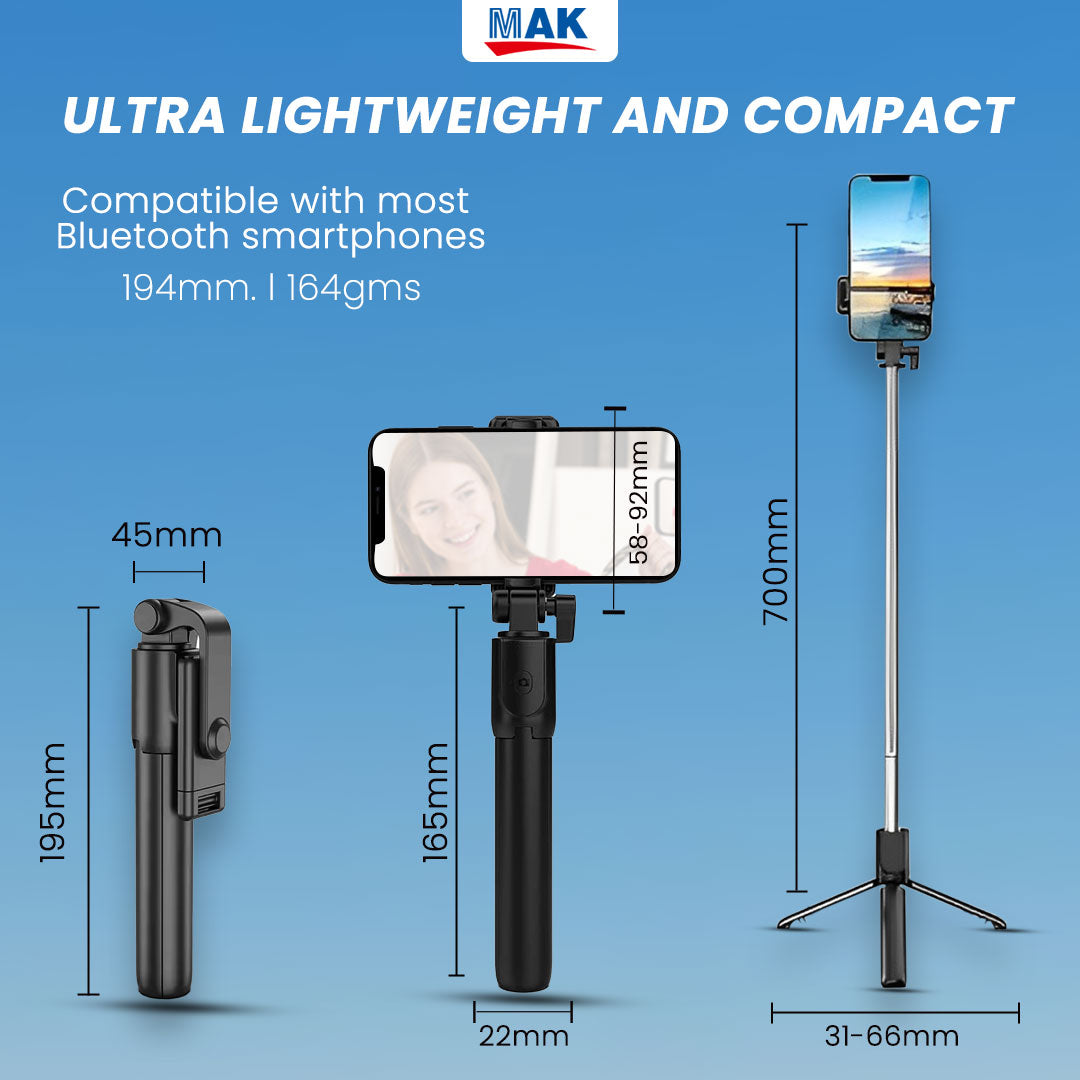 MK-R1 Bluetooth Extendable Selfie Stick with Wireless Remote and Tripod (700mm Extendable)