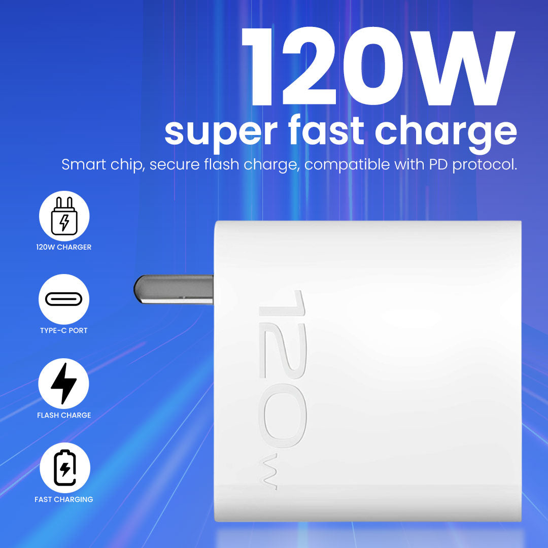 120W Flash Charger with Data Cable for VIVO X100 5G, VIVO V30, X90 5G, X90 PRO 5G, X FOLD 3, iQOO 11 5G, 9 Pro, 9, 9T (Adapter + Cable)