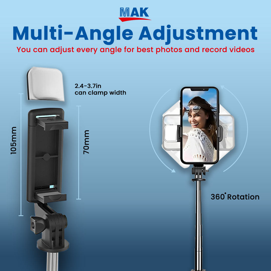 MK-R1S(L) Selfie Stick with Tripod Stand & LED Light, 3 in 1 Multifunctional Design, 67 inch (6 Ft.) Long