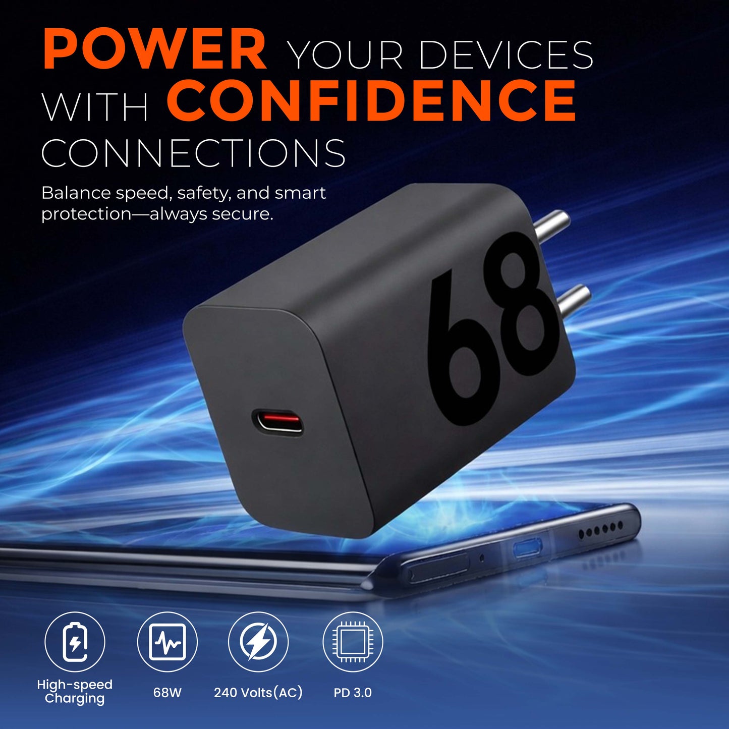 MK-449 TurboPower 68W Type C Charger with Type C to C Cable | Black