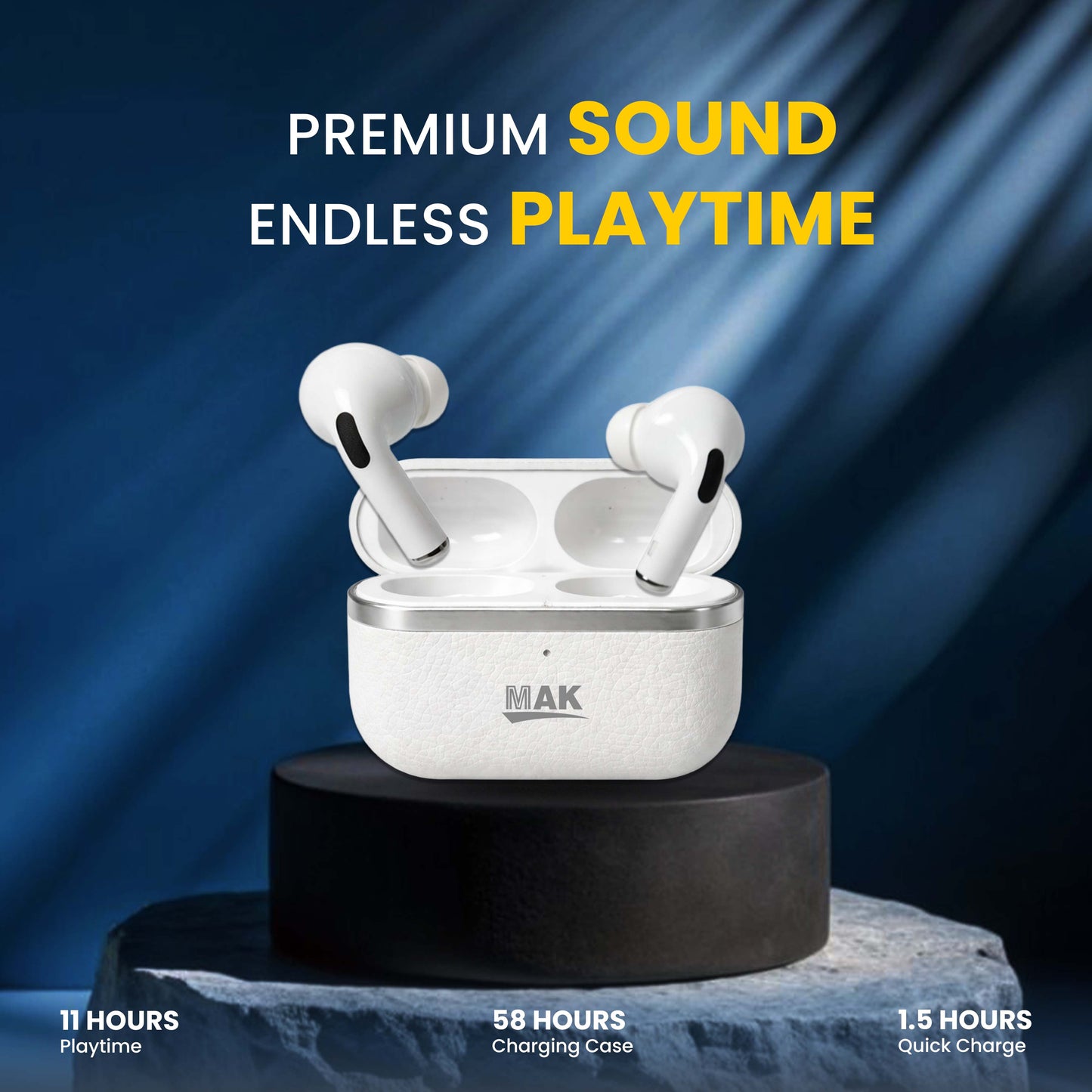 MK-909 TWS 58Hrs with Long Battery Life, HD Quality, ENC & Stable Connection | White
