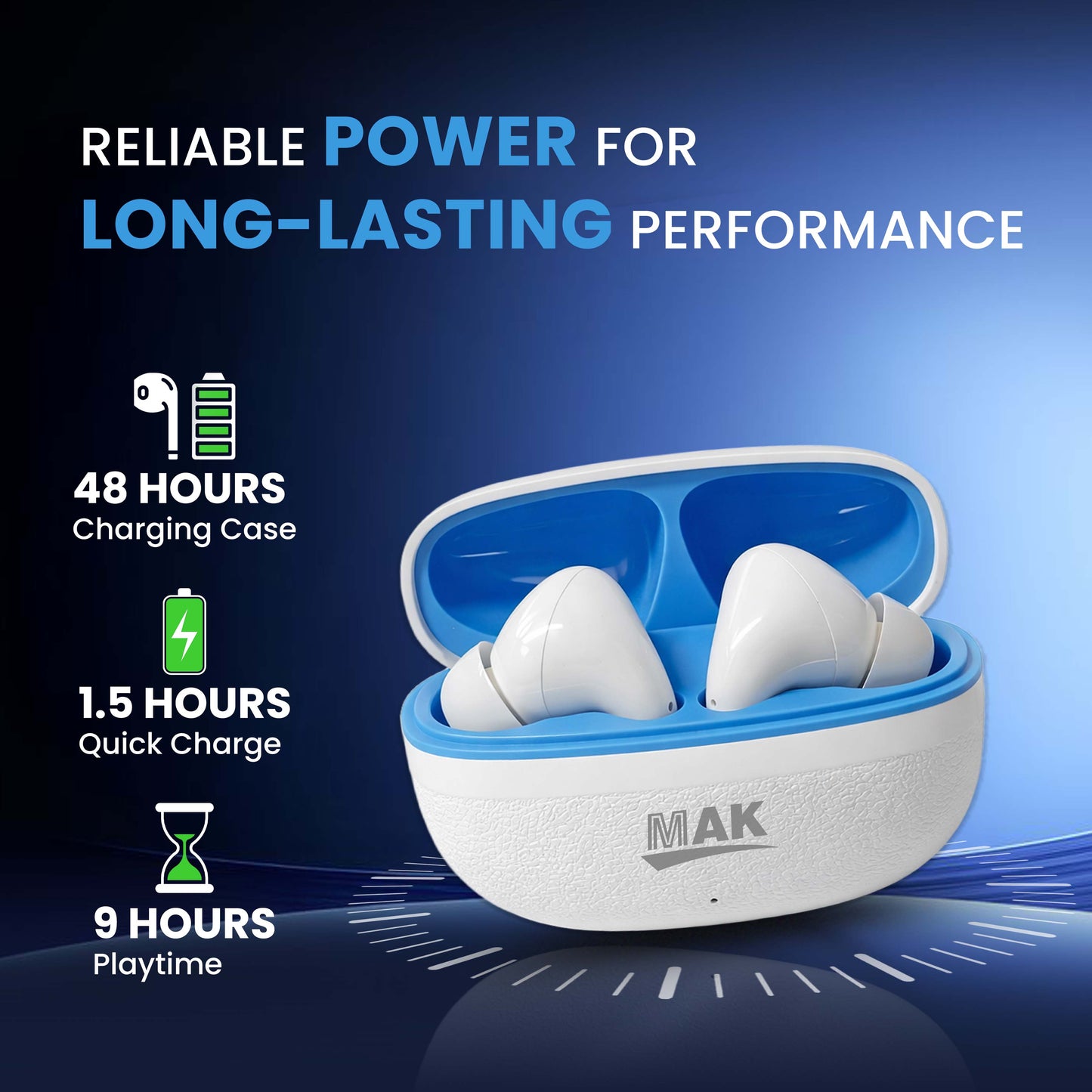 MK-908 TWS Earbuds – HD Deep Bass, 48Hrs Long Battery & Fast Pairing | White