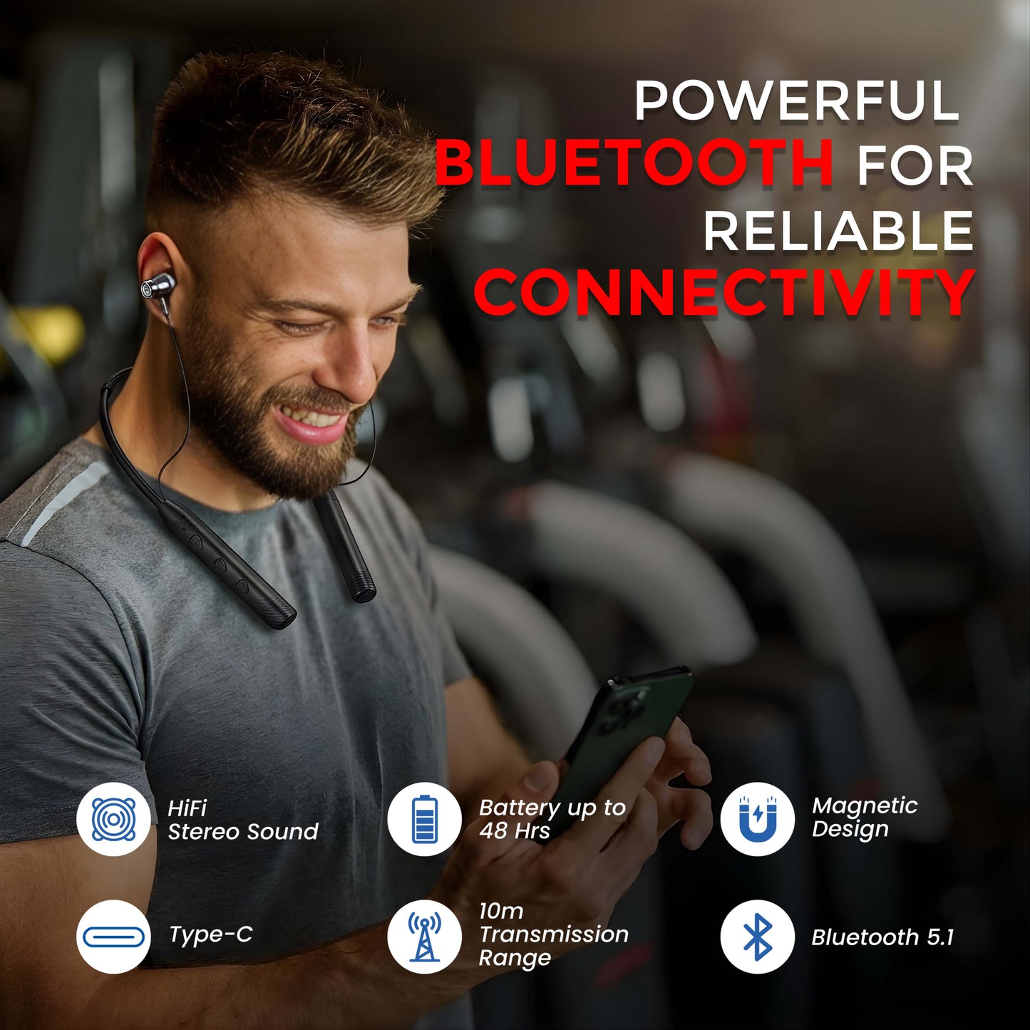 MK-710 Wireless Neckband with 48H Battery, HD Sound & Magnetic Earbuds (Black)