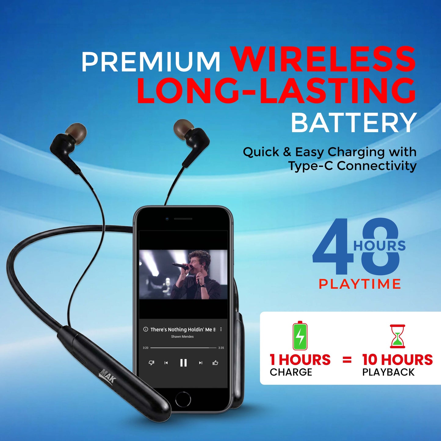 MK-708 48 Hours Playback Neckband with Clear HD Sound (Black)
