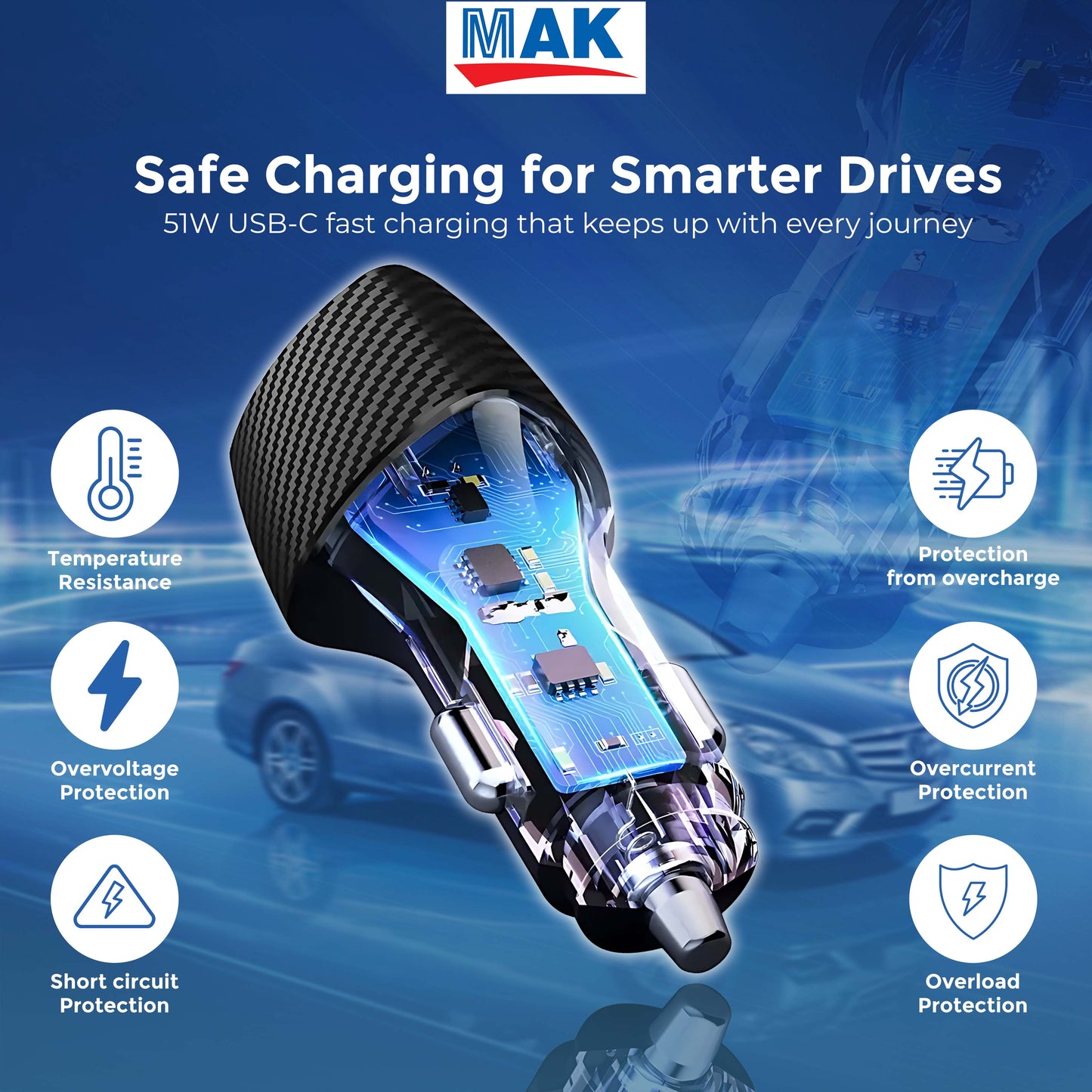 MK-863 Dual-Port 51W Car Charger – 33W USB-C PD & 18W USB-A QC Fast Charging - Compatible with Smartphones