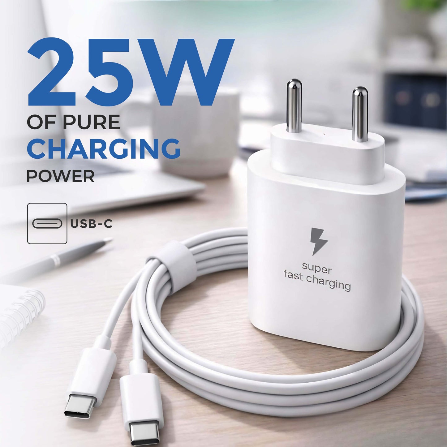 MK-416 25W Fast Charging PD Adapter with Type-C Cable - Compatible with Samsung & other Devices (White)