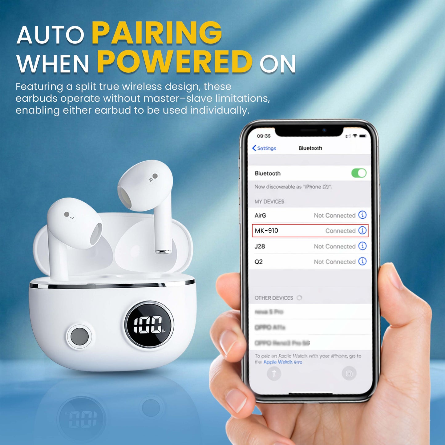 MK-910 TWS Earbuds with 50H Playtime, LED Battery Display & Fast Pairing