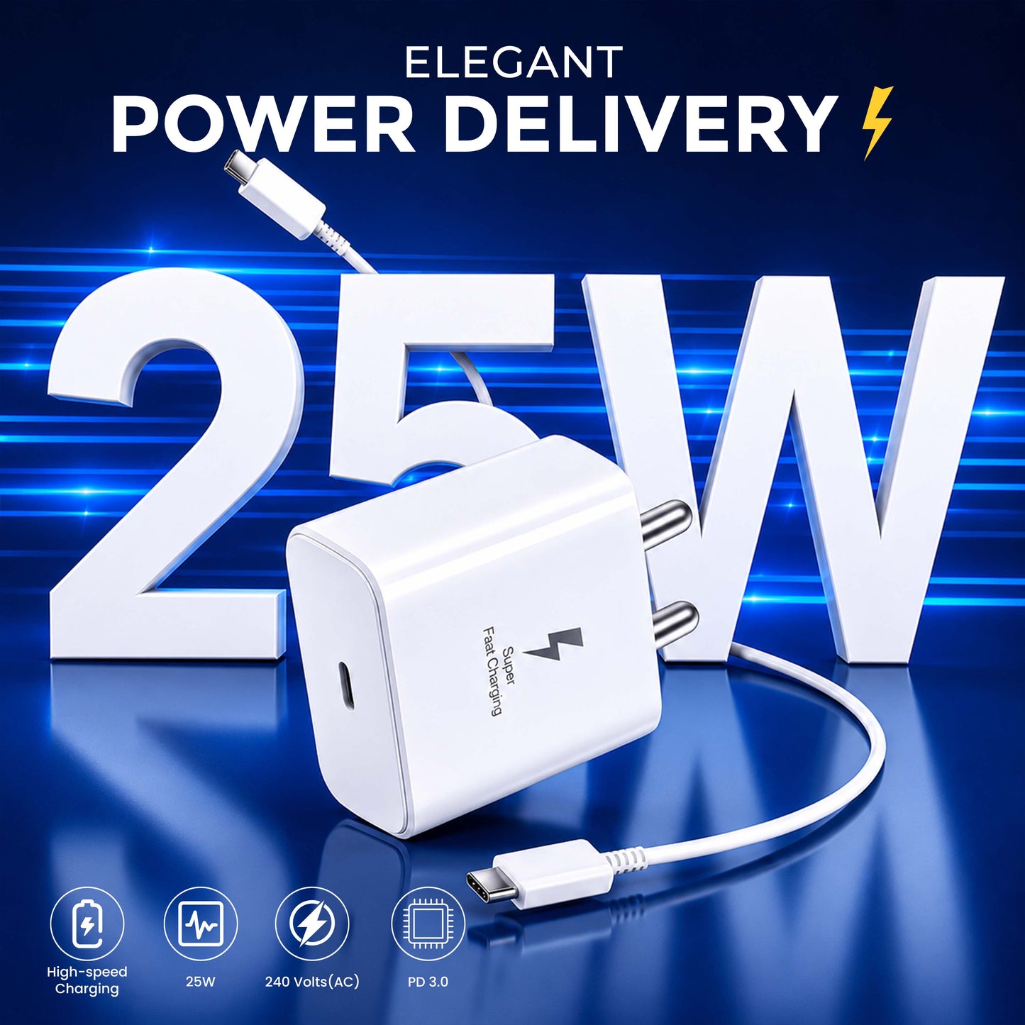 MK-417 Type C 25W Fast Charger with Type-C Cable for Samsung and other Type-C devices (White)