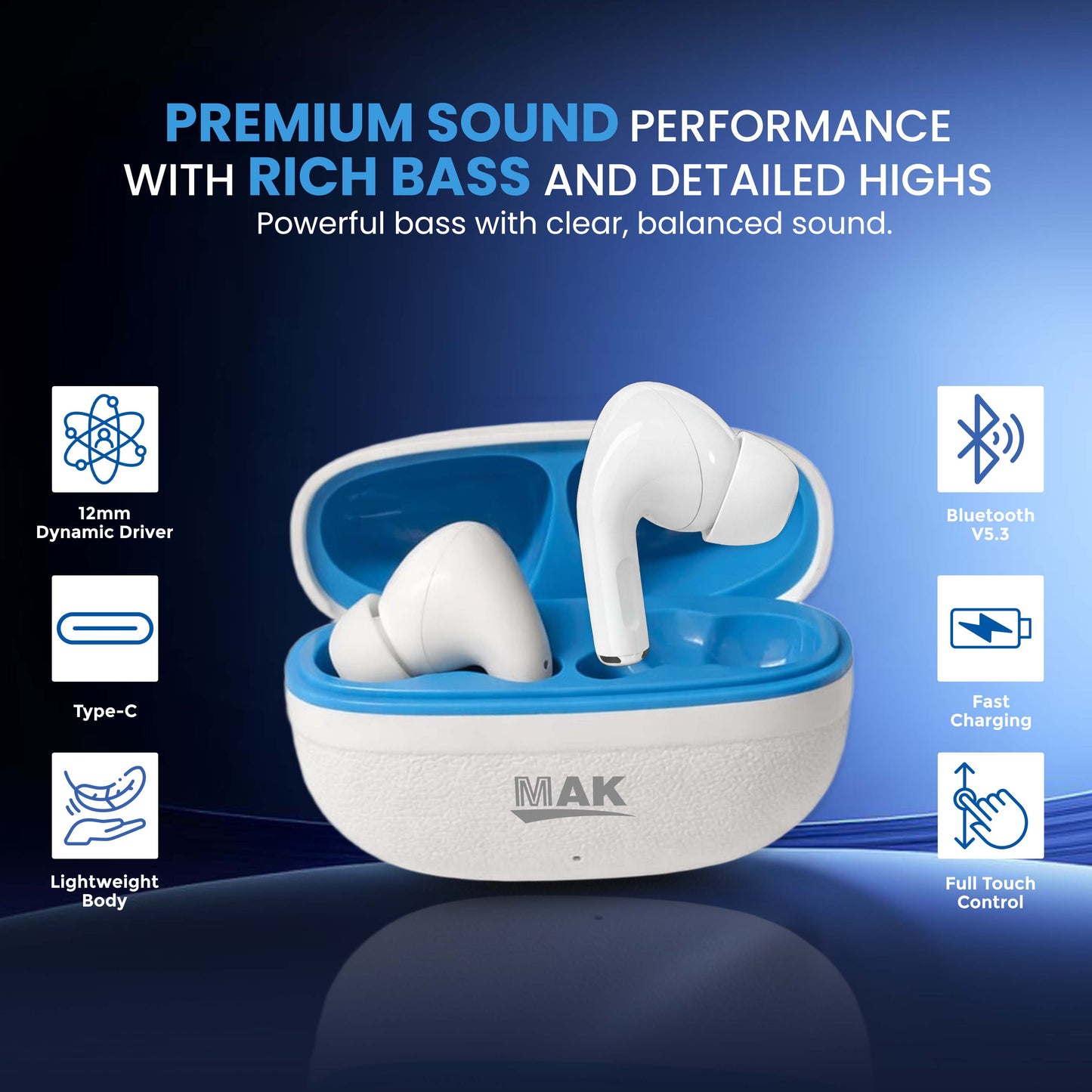 MK-908 TWS Earbuds – HD Deep Bass, 48Hrs Long Battery & Fast Pairing | White