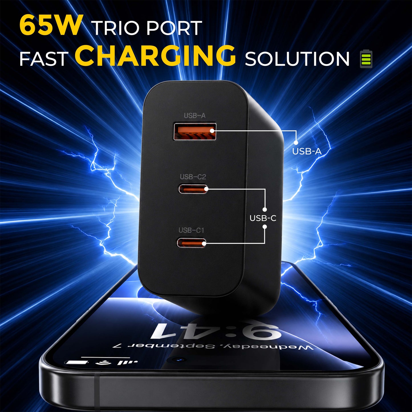 MK-465 GaN 65W Triple Port Charging Adapter - USB C1 65W, USB C2 45W, USB A 18W (Black)