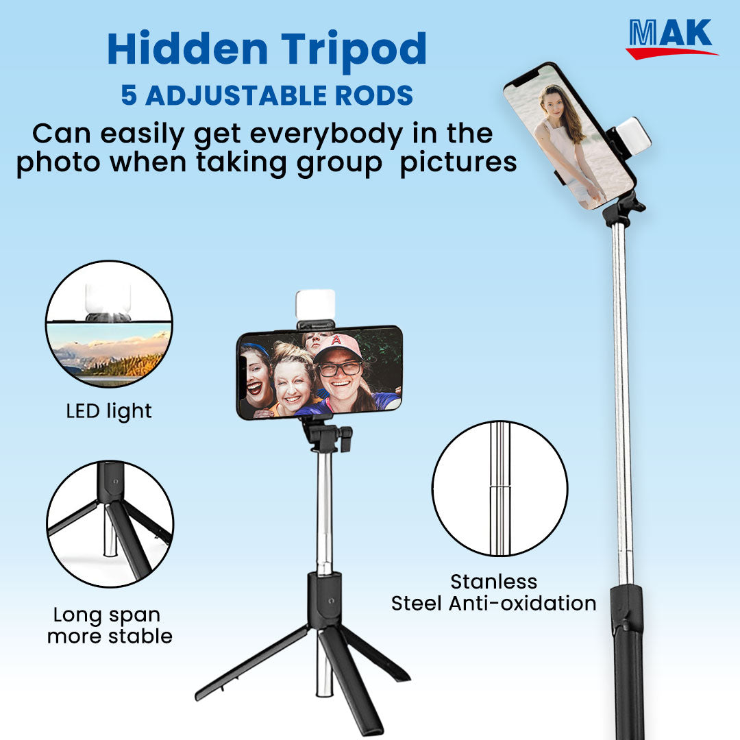 MK-R1S(L) Selfie Stick with Tripod Stand & LED Light, 3 in 1 Multifunctional Design, 67 inch (6 Ft.) Long