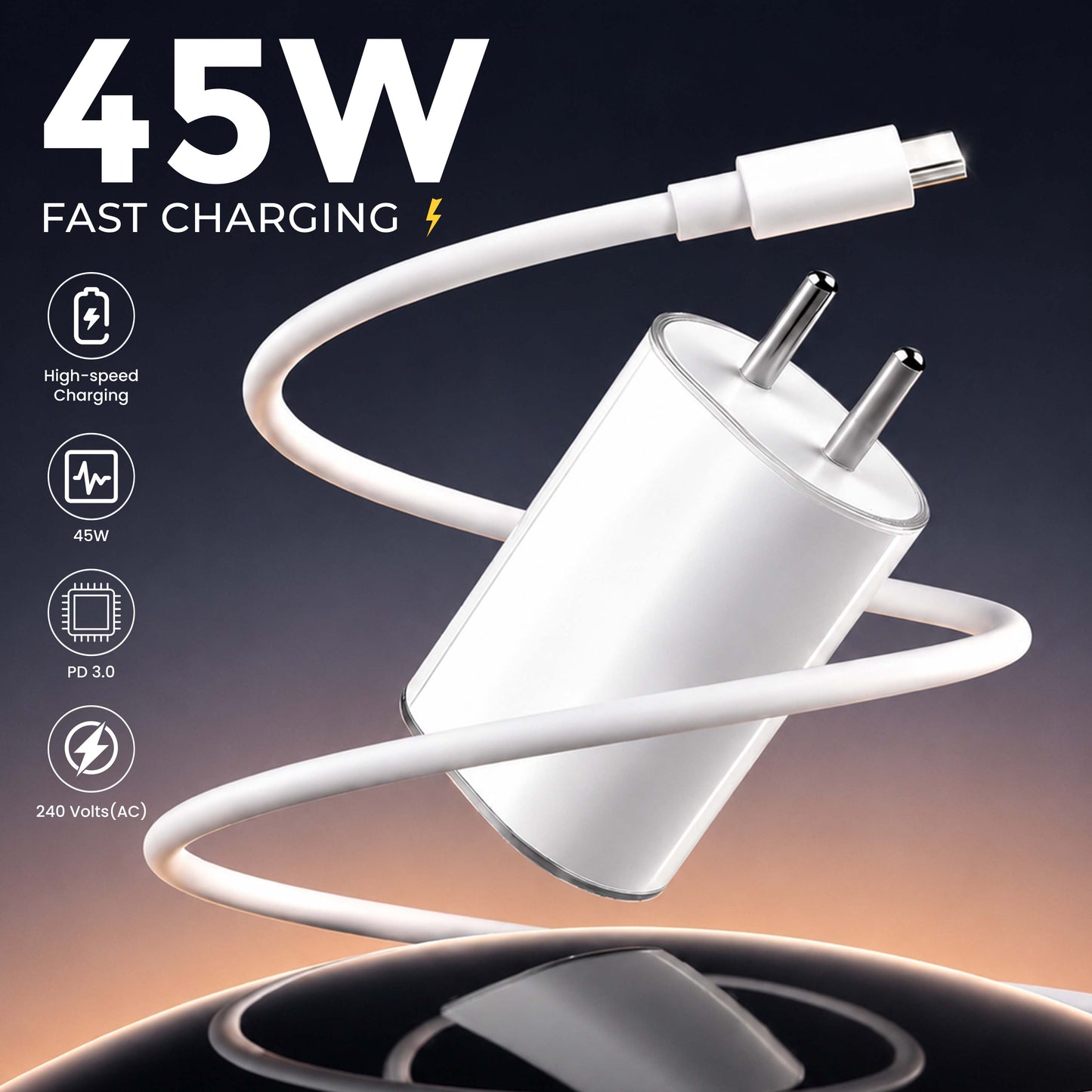 MK-418 Fast Charger With Type-C Cable Compatible for Nothing and other Type-C Devices