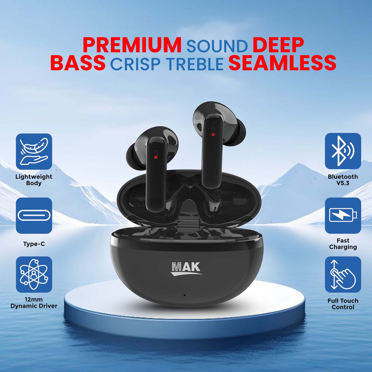 MK-907 TWS Earbuds with HD Sound, Deep Bass & 60Hrs Long Battery Life | Black