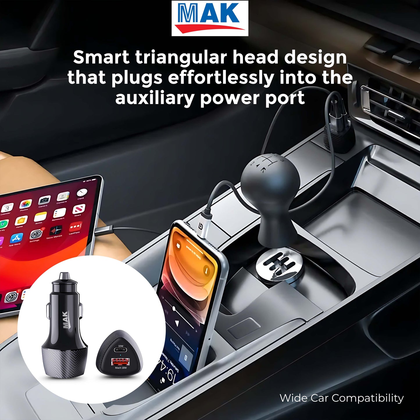 MK-863 Dual-Port 51W Car Charger – 33W USB-C PD & 18W USB-A QC Fast Charging - Compatible with Smartphones