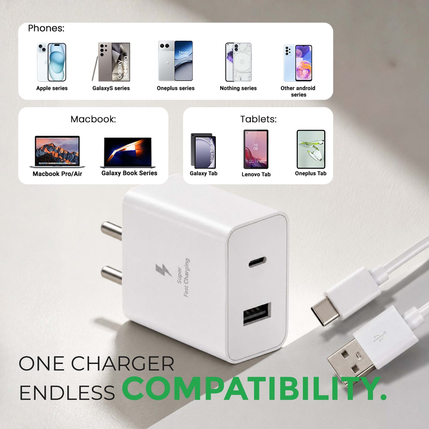 MK-424 Dual Port 45W Rapid Fast Type C + USB Adapter with Type-C Cable for Smartphones (White)