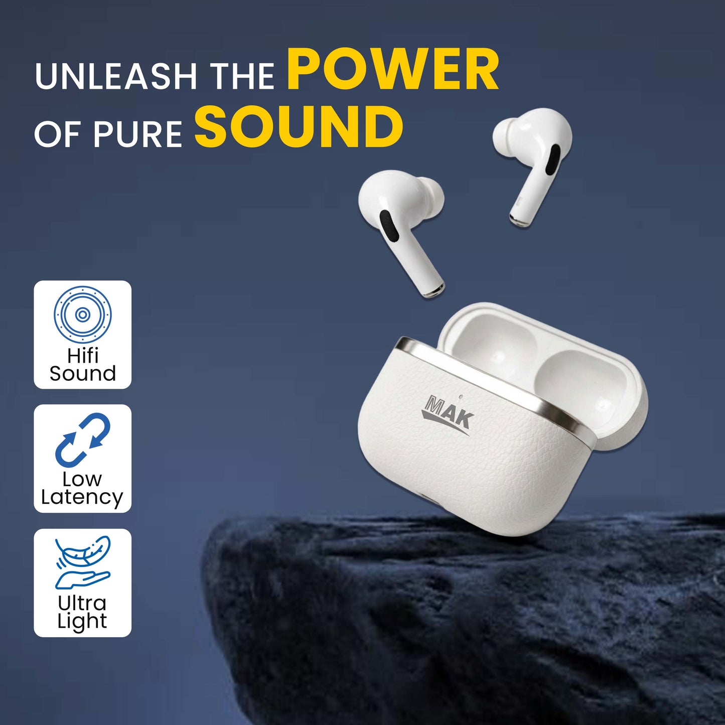 MK-909 TWS 58Hrs with Long Battery Life, HD Quality, ENC & Stable Connection | White