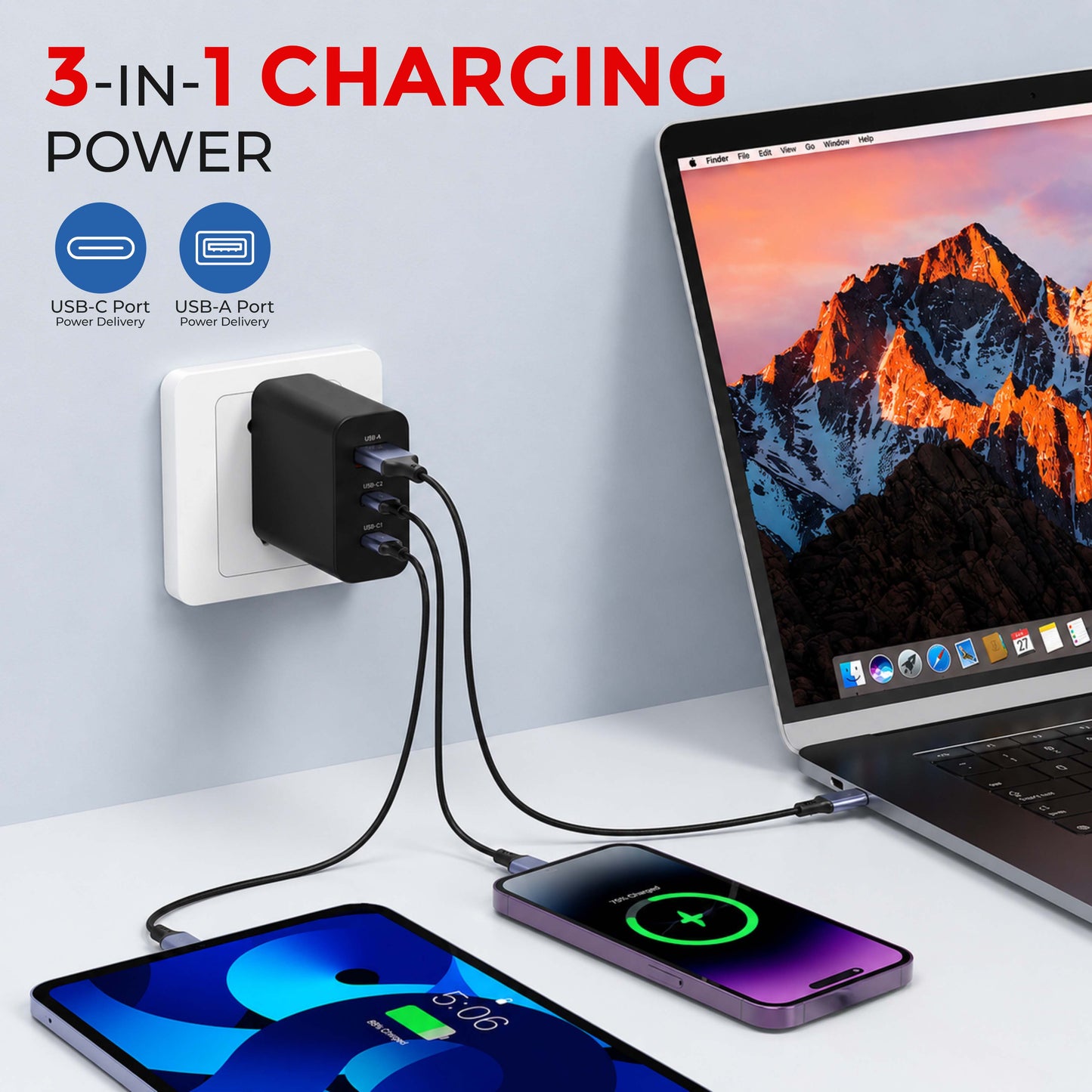 MK-465 GaN 65W Triple Port Charging Adapter - USB C1 65W, USB C2 45W, USB A 18W (Black)