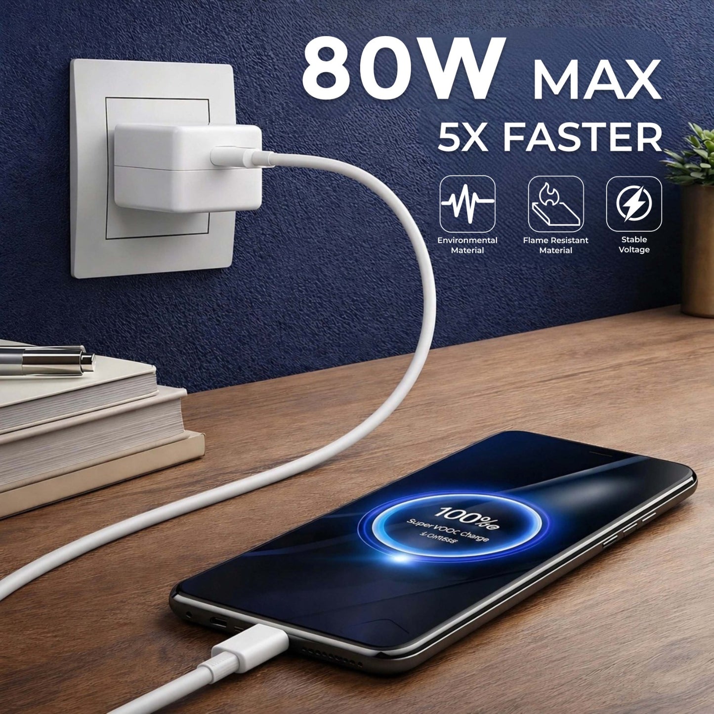 MK-482 SuperVOOC 80W Adapter with Type-C Cable - Compatible for Oneplus/ Realme /Oppo Devices & more (White)