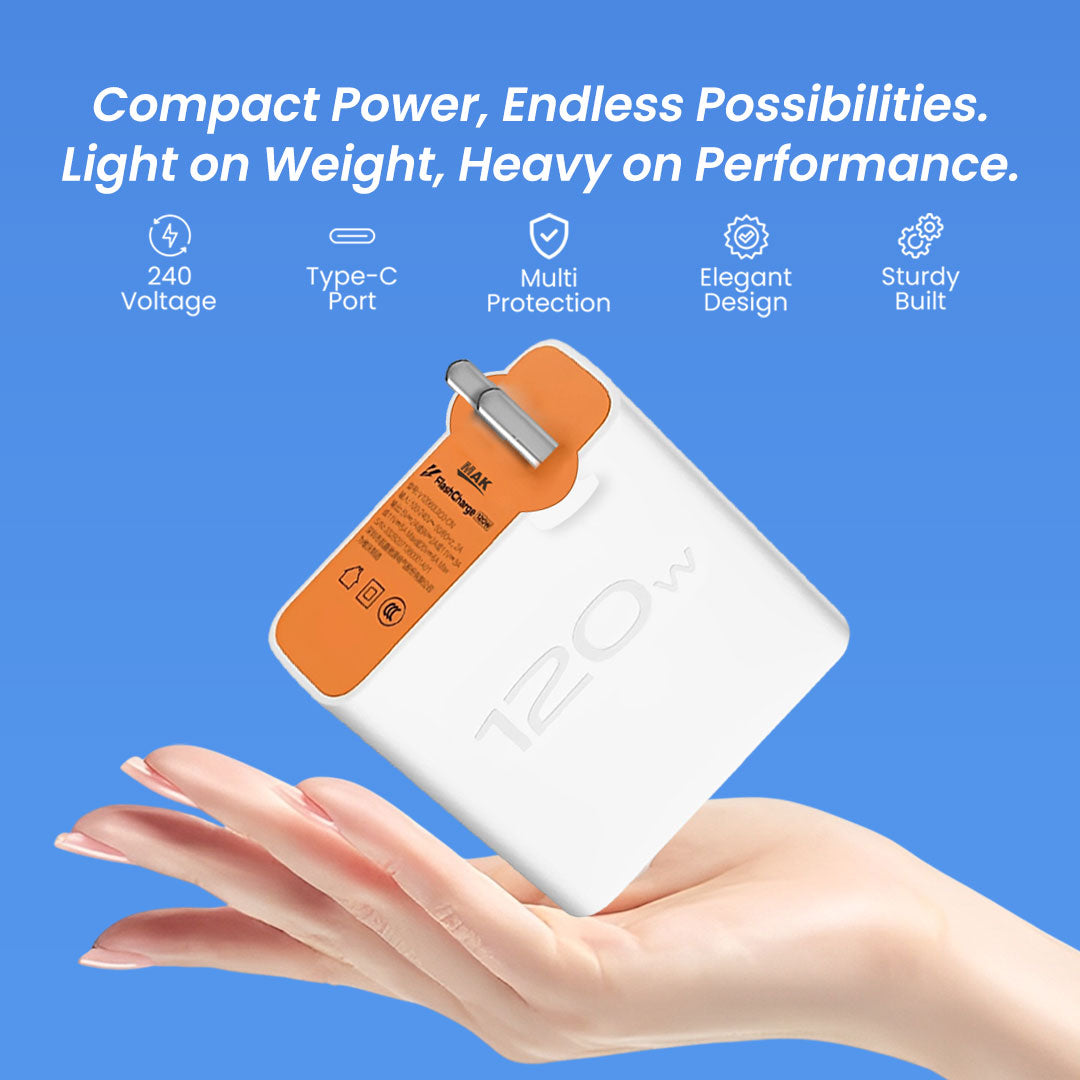 120W Flash Charger with Data Cable for VIVO X100 5G, VIVO V30, X90 5G, X90 PRO 5G, X FOLD 3, iQOO 11 5G, 9 Pro, 9, 9T (Adapter + Cable)
