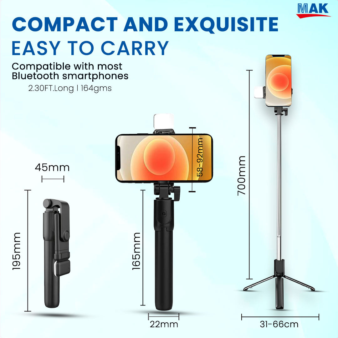 MK-R1s Bluetooth Extendable Selfie Stick with Wireless Remote and Tripod (700mm Extendable)