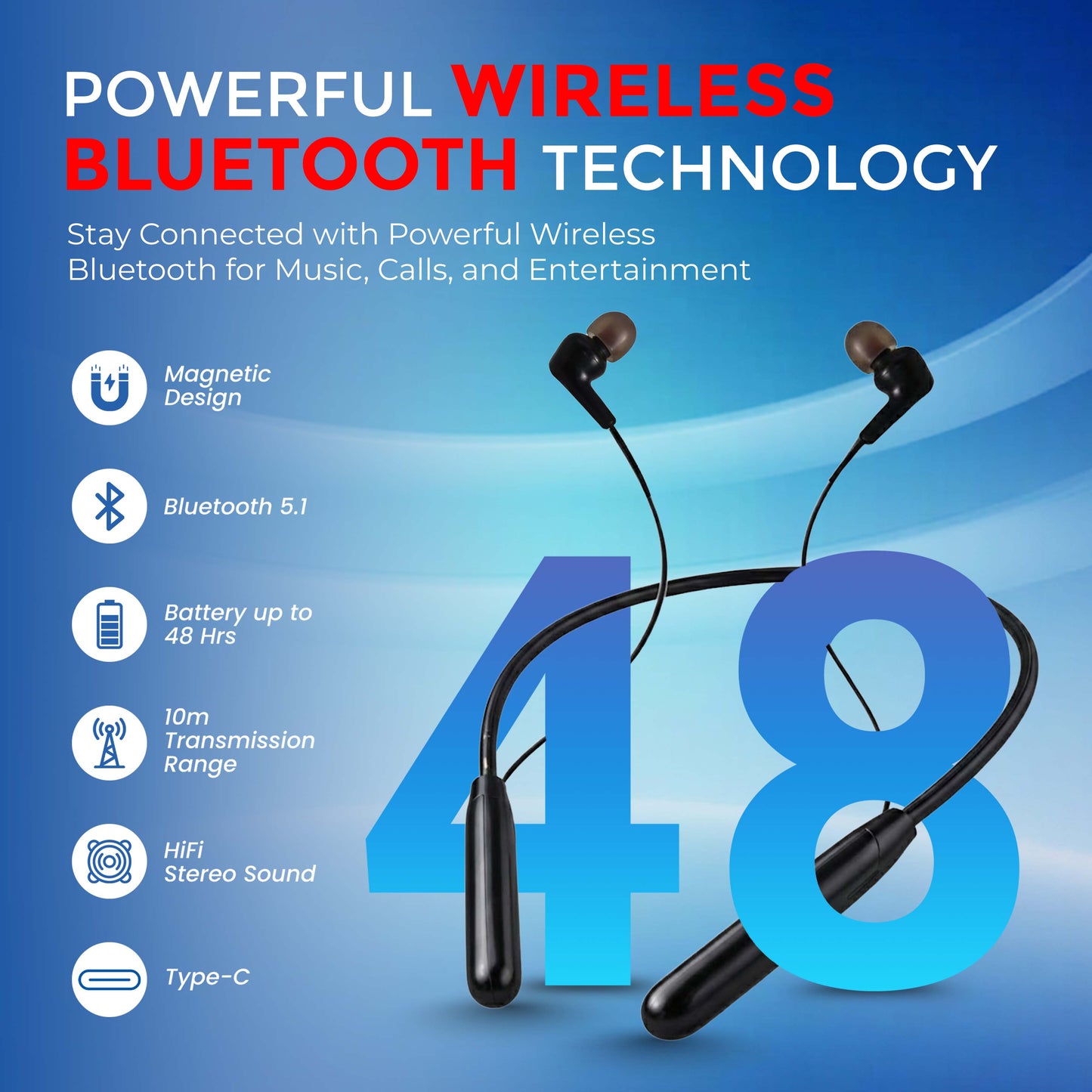 MK-708 48 Hours Playback Neckband with Clear HD Sound (Black)
