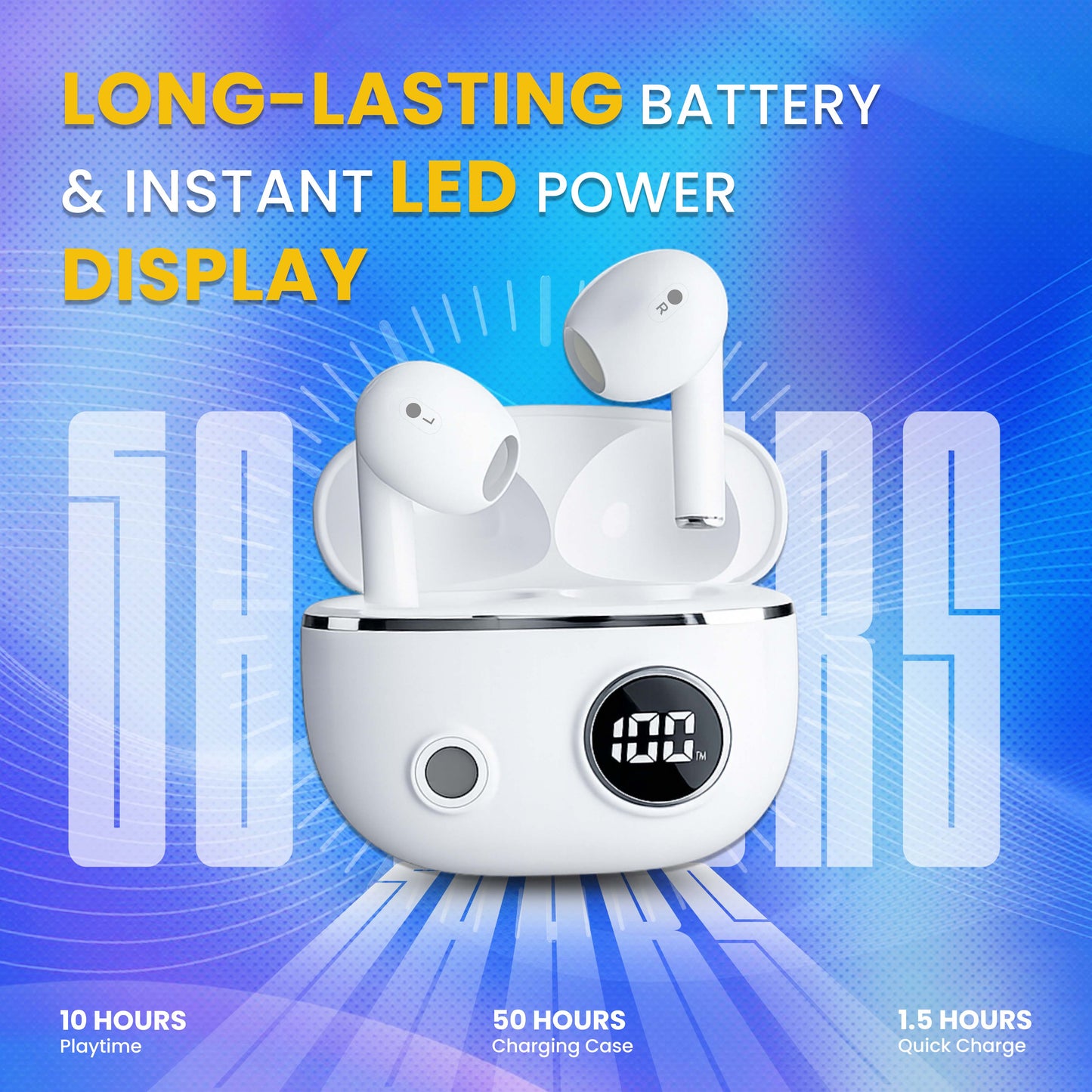 MK-910 TWS Earbuds with 50H Playtime, LED Battery Display & Fast Pairing
