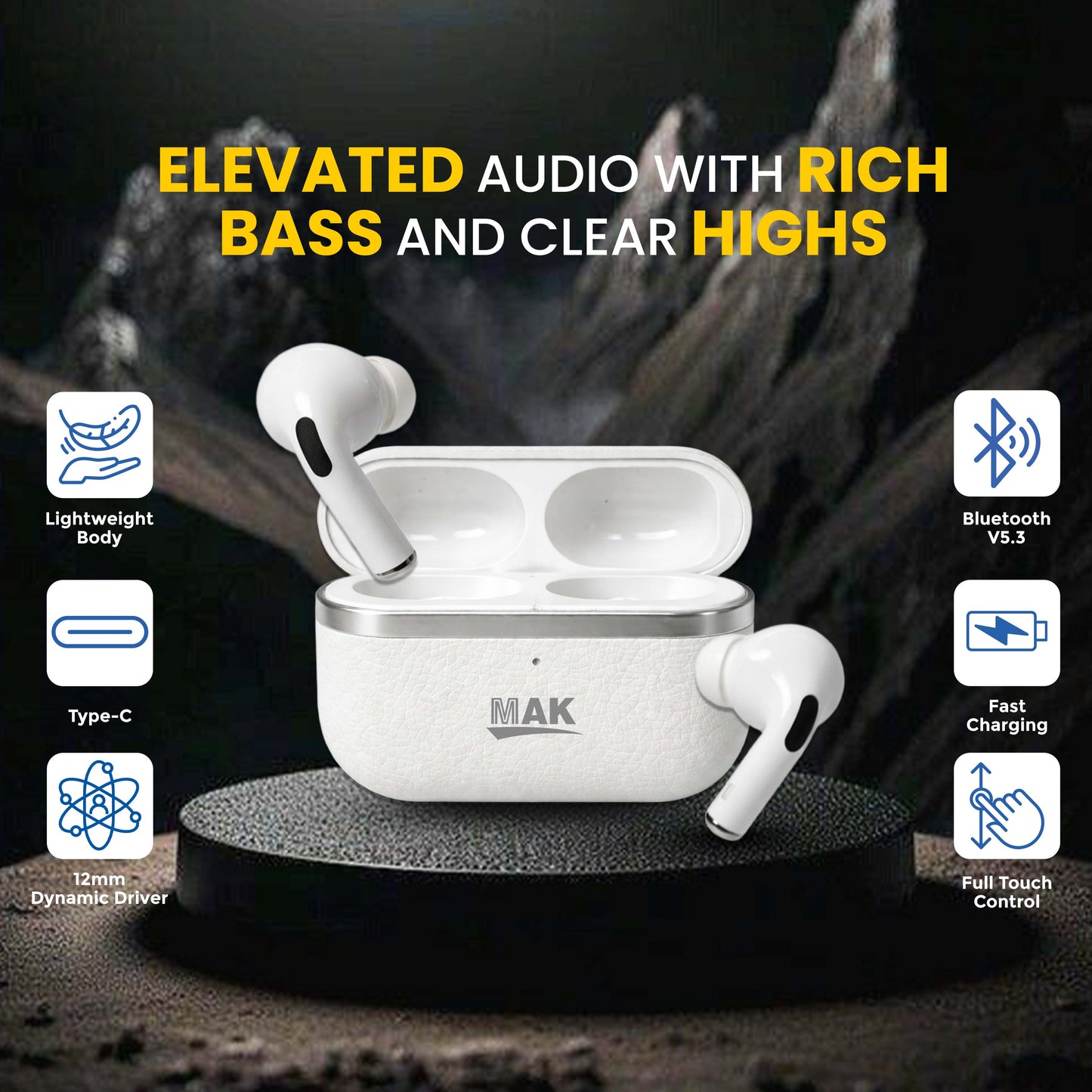 MK-909 TWS 58Hrs with Long Battery Life, HD Quality, ENC & Stable Connection | White