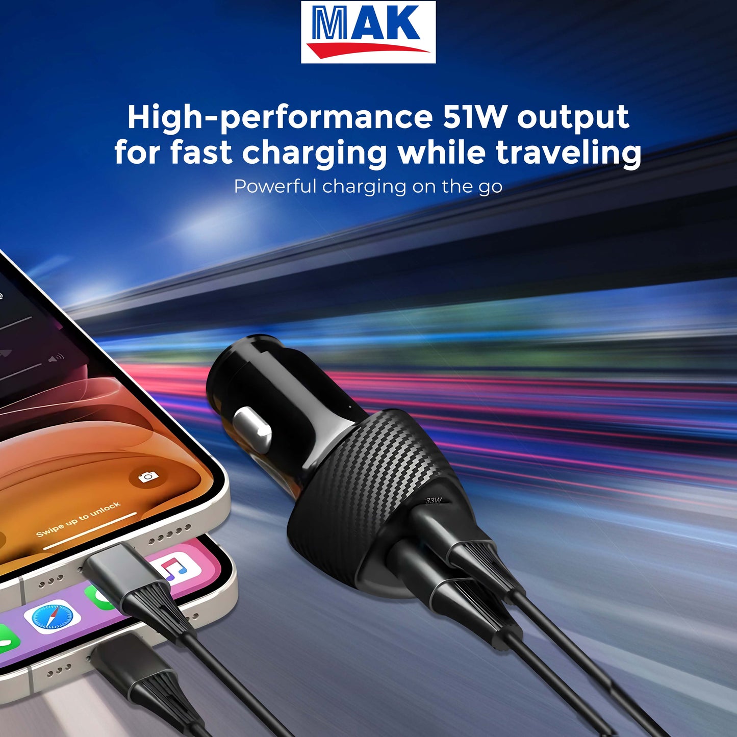 MK-863 Dual-Port 51W Car Charger – 33W USB-C PD & 18W USB-A QC Fast Charging - Compatible with Smartphones