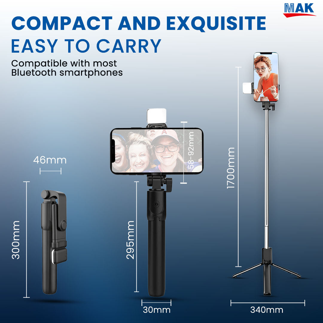 MK-R1S(L) Selfie Stick with Tripod Stand & LED Light, 3 in 1 Multifunctional Design, 67 inch (6 Ft.) Long