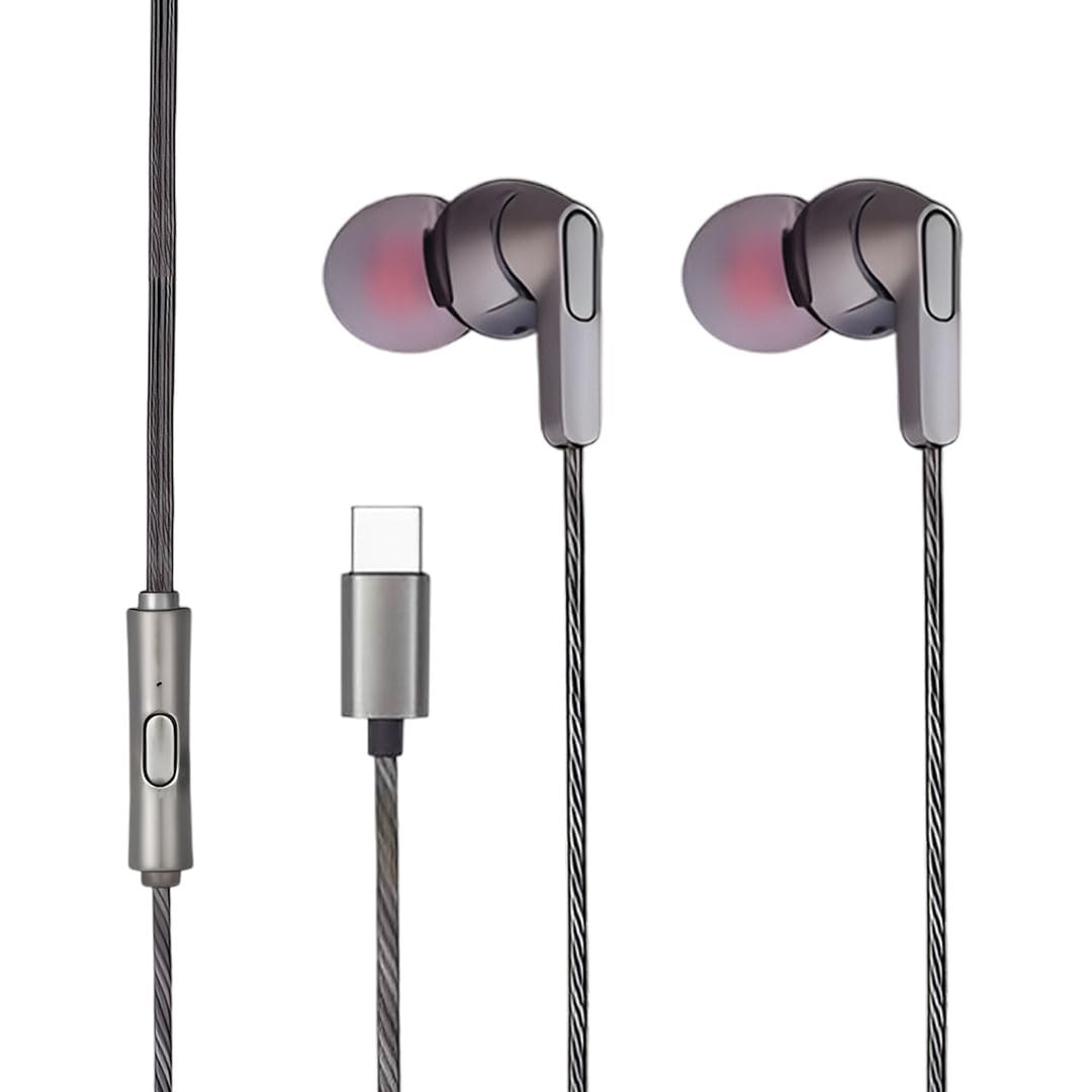 MK-190 Type C Earphones Wired, 10mm Bass Drivers, Inline Controls Type-C Headphones with HD Mic (Grey)