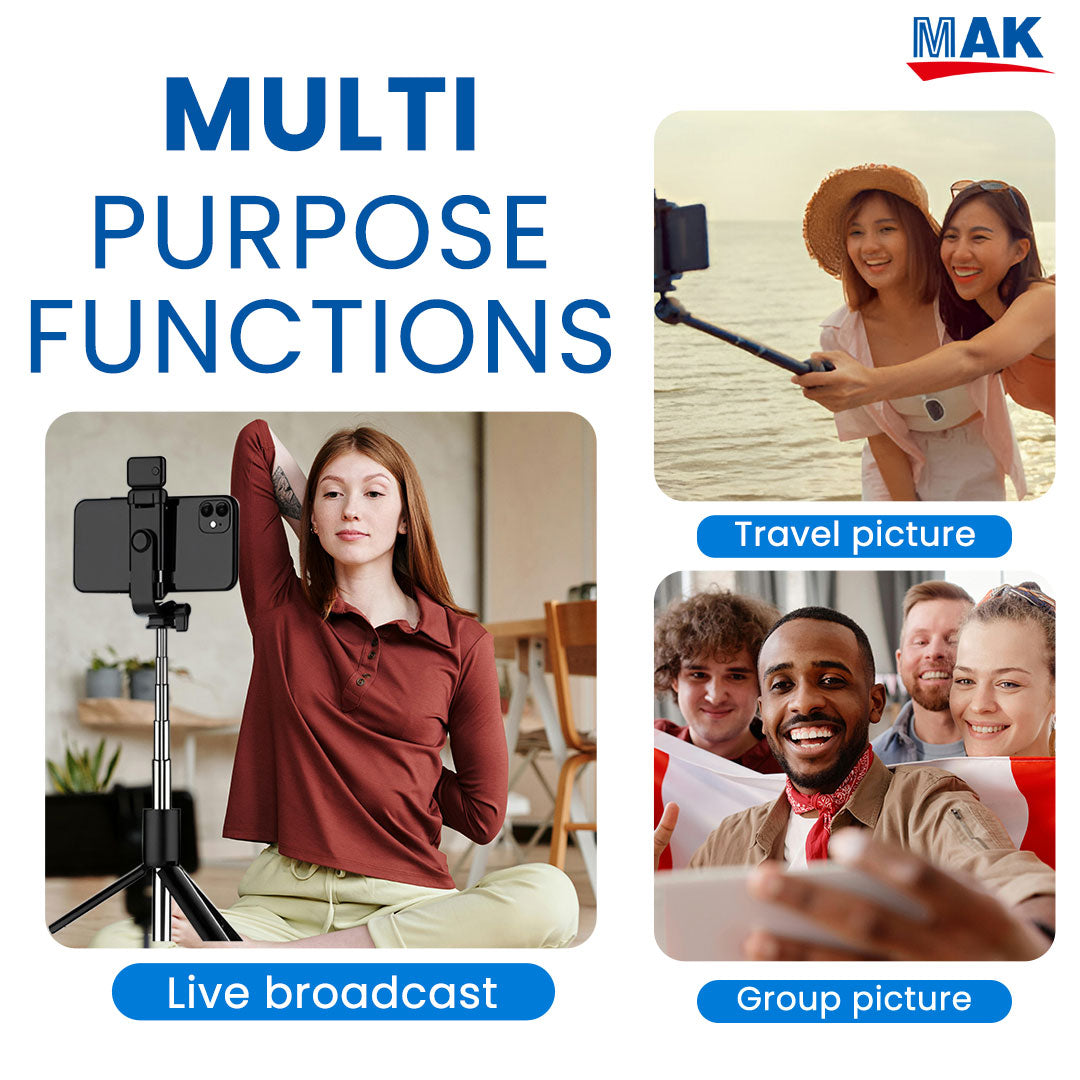 MK-R1S(L) Selfie Stick with Tripod Stand & LED Light, 3 in 1 Multifunctional Design, 67 inch (6 Ft.) Long