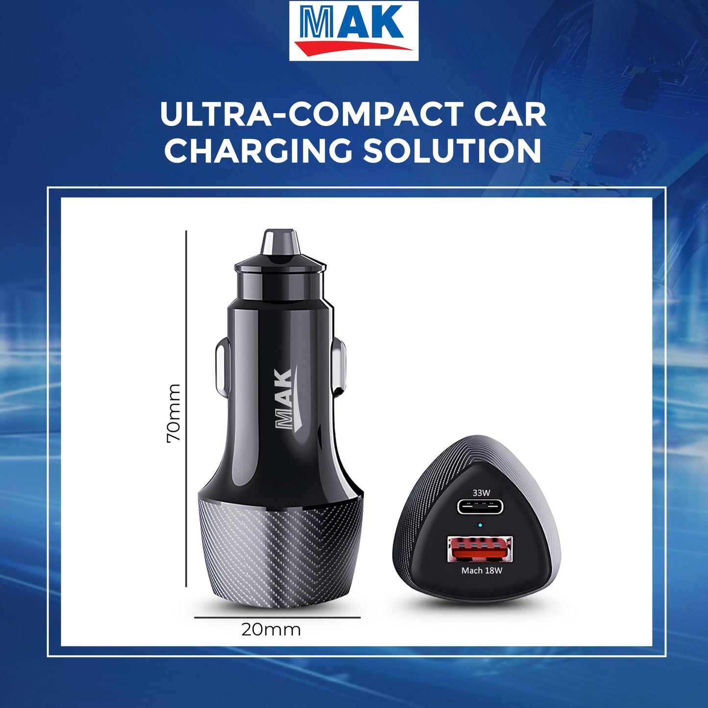 MK-863 Dual-Port 51W Car Charger – 33W USB-C PD & 18W USB-A QC Fast Charging - Compatible with Smartphones