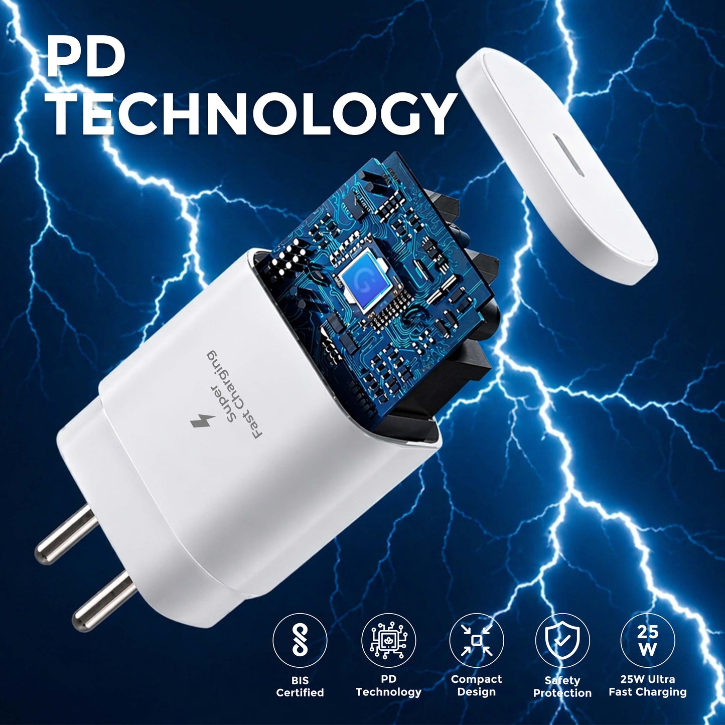 MK-416 25W Fast Charging PD Adapter with Type-C Cable - Compatible with Samsung & other Devices (White)
