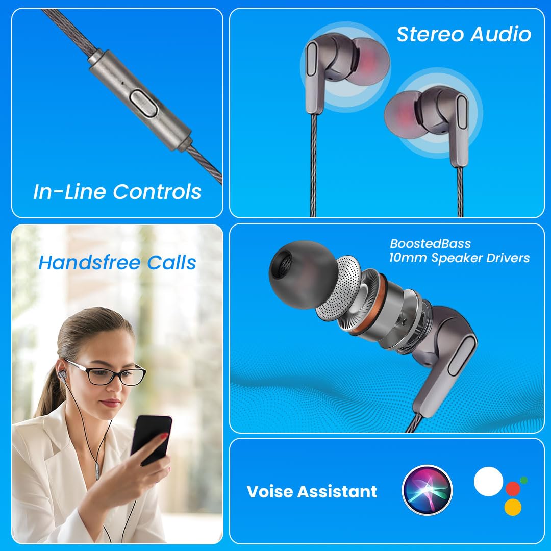 MK-190 Type C Earphones Wired, 10mm Bass Drivers, Inline Controls Type-C Headphones with HD Mic (Grey)