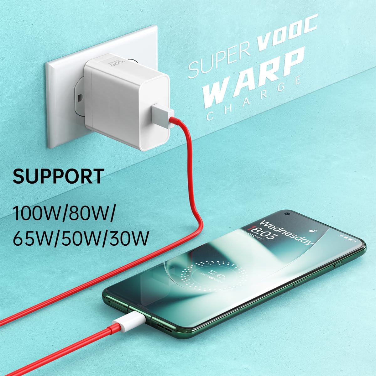 100W SUPERVOOC Power Adapter Super Fast Charger With Red Cable (White)