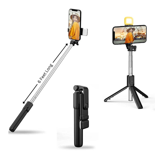 MK-R1S(L) Selfie Stick with Tripod Stand & LED Light, 3 in 1 Multifunctional Design, 67 inch (6 Ft.) Long